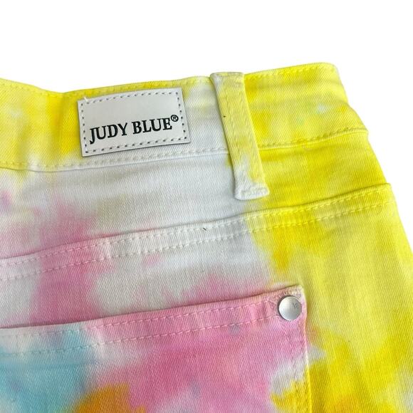 Judy Blue Tie Dye Cut Off Jean Shorts Size M Denim Pink Blue Yellow - Picture 12 of 15